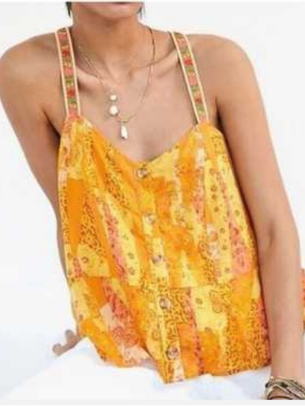 Pilcro Yellow Orange Floral Print Embroidered Strap Tank Top Bohemian Summer XL